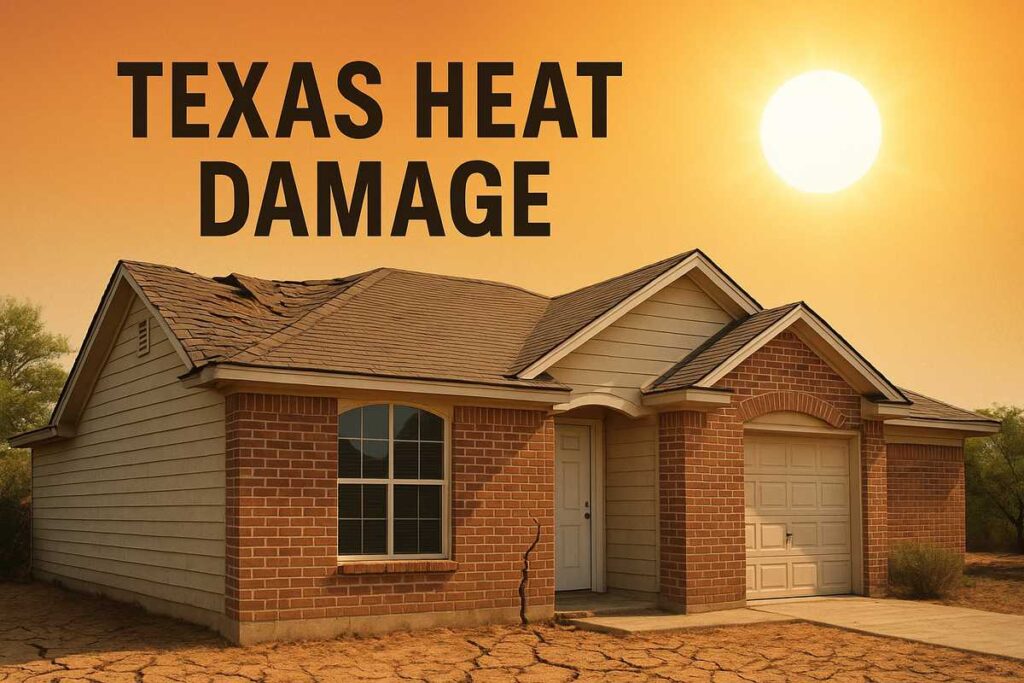 Texas Heat Damage – a suburban Texas home with roof damage, cracked foundation, and dry soil under scorching summer sun and UV rays, showing how extreme heat, high temperatures, and heat waves affect homes.
