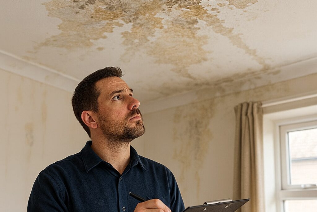A man conducts a water damage assessment by inspecting a ceiling with large brown stains and mold, holding a clipboard and pen, without any visible pipes.