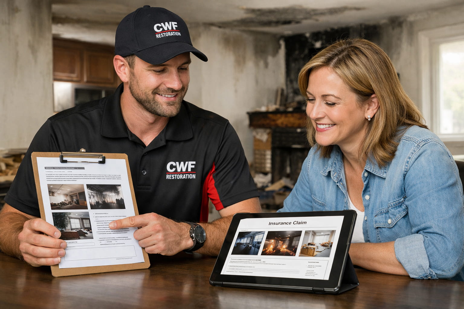 Houston restoration company specialist reviews insurance claim documents and damage photos with homeowner after water or fire damage