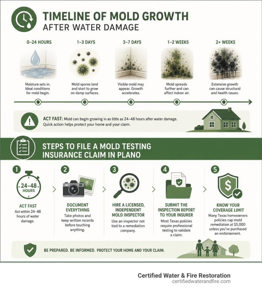 Timeline of mold growth after water damage and steps to file a mold testing insurance claim in Plano infographic